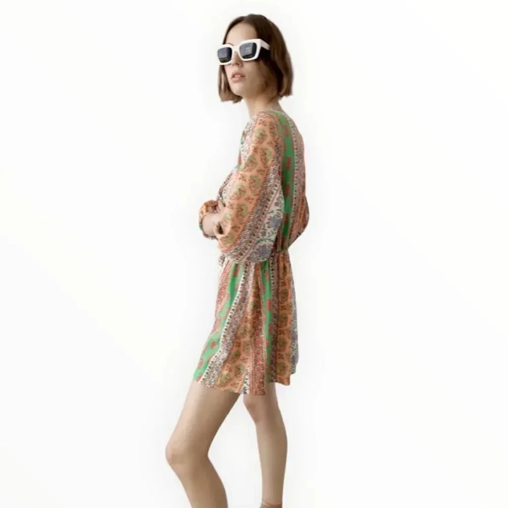 Zara Multicolor Printed Linen Blend Romper Size L Boho V-Neck Tie Front NWT